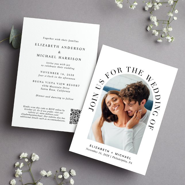 Convites Casamento de Código QR de Foto em Arch Elegante (Celebrate your love story with an invitation showcasing your favorite photo in an elegant arch frame)