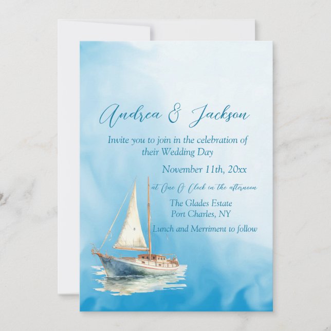 Convites Casamento de Código QR de Foto em veleiro Watercol (Frente)