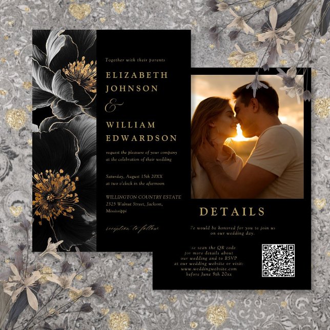 Convites Casamento de Código QR de Foto Floral de Luxo Pret (Black And Gold Luxury Floral Photo QR Code Wedding Invitation)