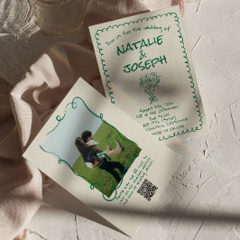 Convites Casamento de Código QR de Foto Floral Retron Green