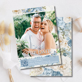 Convites Casamento de Código QR de Foto Floral Romântica Az