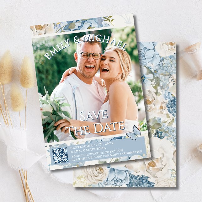 Convites Casamento de Código QR de Foto Floral Romântica Az (Criador carregado)