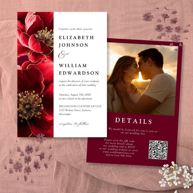 Convites Casamento de Código QR de Foto Floral Vermelha Ele (Elegant Burgundy Red Floral Photo QR Code Wedding Invitation)