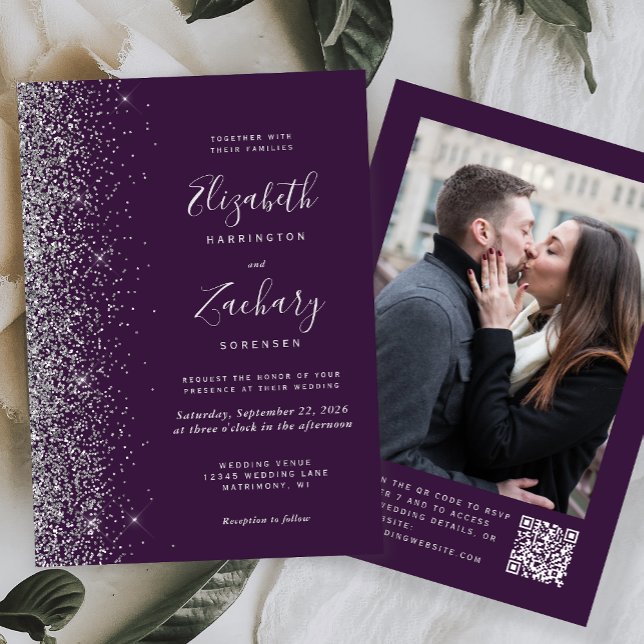 Convites Casamento de Código QR de Foto Glitter de Prata Ro (Criador carregado)