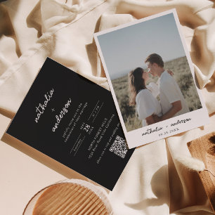 Convites Casamento de Código QR de Foto Preta de Script Sim