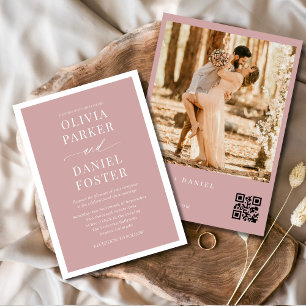 Convites Casamento de Código QR de Foto Rosa-Blush