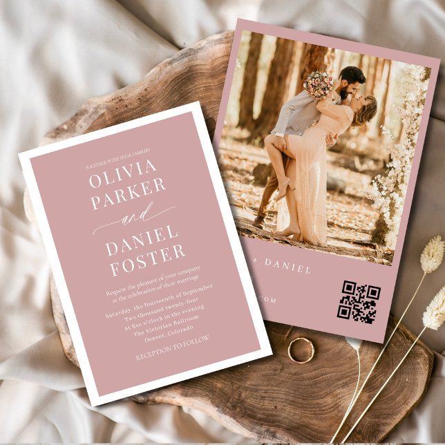 Convites Casamento de Código QR de Foto Rosa-Blush (Criador carregado)