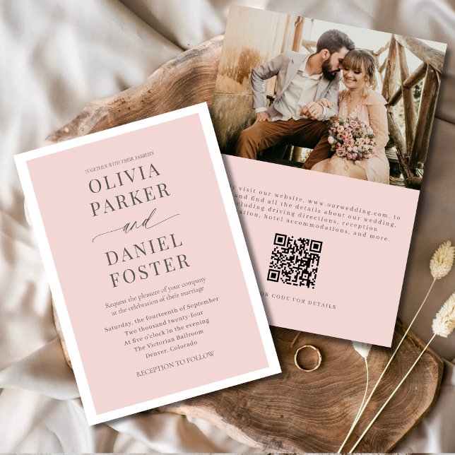 Convites Casamento de Código QR de Foto Rosa Romântica com  (Criador carregado)