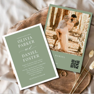 Convites Casamento de Código QR de Foto Verde Sage