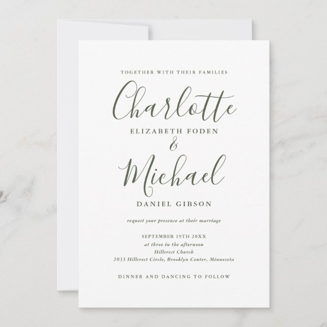 Convites Casamento de Código QR de Letra Elegante Verde Oli (Frente)