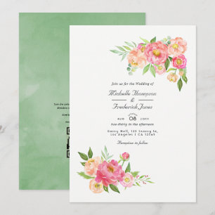 Convites Casamento de Código QR de Peônias em Aquarela de P