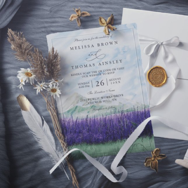 Convites Casamento de Código QR de Prado de Lavanda Rústico (Criador carregado)