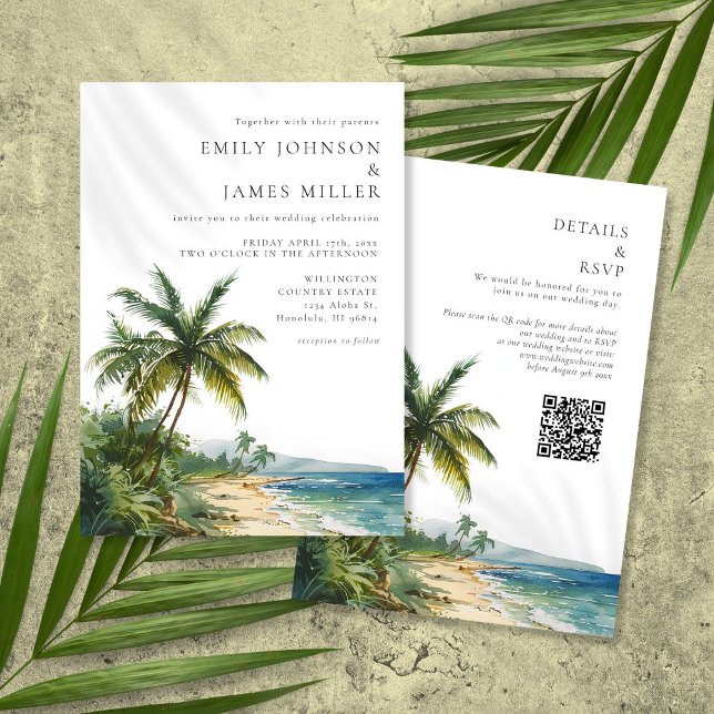 Convites Casamento de Código QR de Praia Tropical de Aquare (Criador carregado)