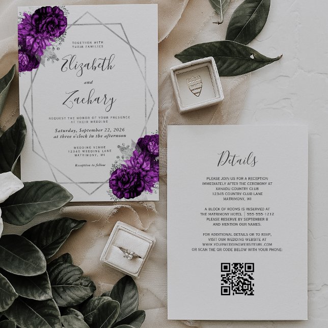 Convites Casamento de Código QR de Prata Floral Branca de P (Criador carregado)