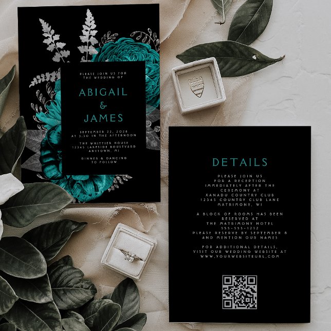 Convites Casamento de Código QR de Prata Floral de Teal Flo (Criador carregado)
