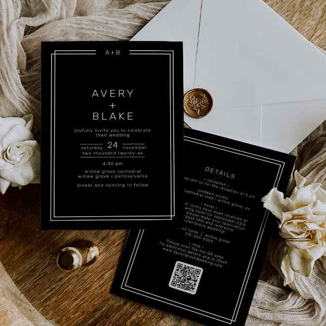 Convites Casamento de Código QR de Quadro Duplo Preto Moder (AVERY Modern Black Double Frame QR Code Wedding Invitation)