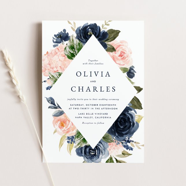 Convites Casamento de Código QR de Quadro Floral de Blush e (Watercolor Blush and Navy Floral Frame QR Code Wedding Invitation)