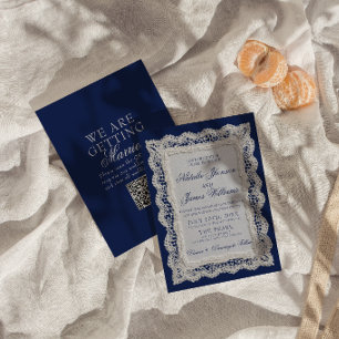 Convites Casamento de Código QR de Renda Azul Royale Old Mo
