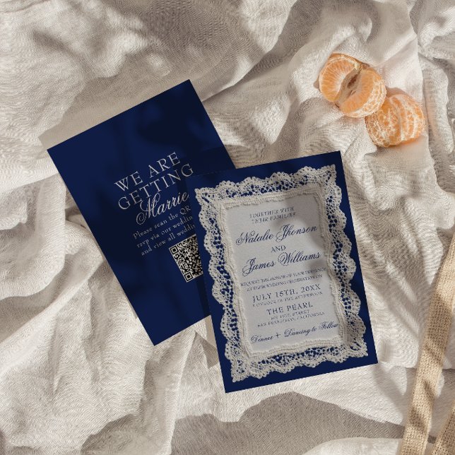 Convites Casamento de Código QR de Renda Azul Royale Old Mo (Criador carregado)