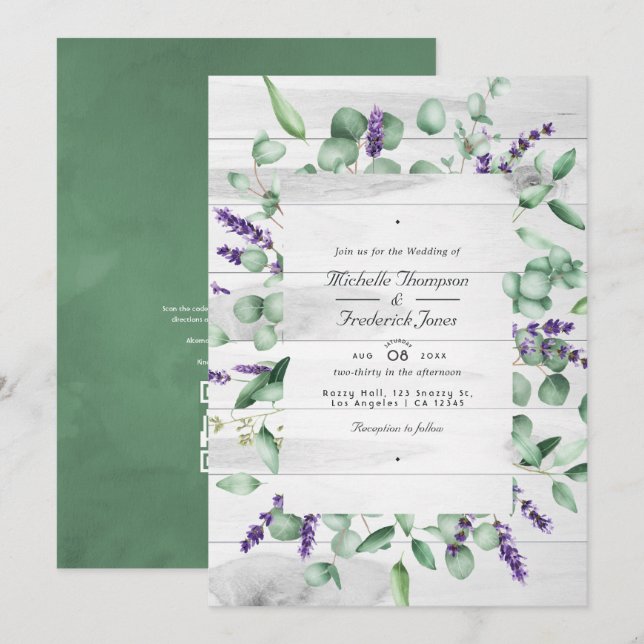 Convites Casamento de código QR de resposta Eucalipto Lavan (Frente/Verso)