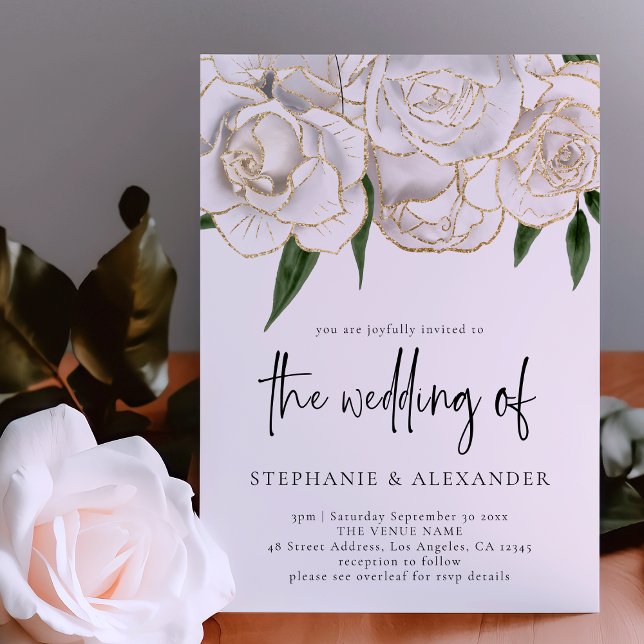 Convites Casamento de Código QR de Rosa de Dourado Branco E (Criador carregado)