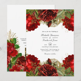 Convites Casamento de Código QR de Rosas Chic Dourados e Bo