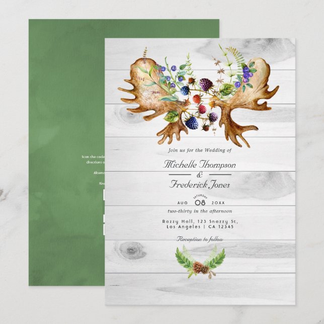 Convites Casamento de Código QR de RSVP Floresta Rústica Aq (Frente/Verso)
