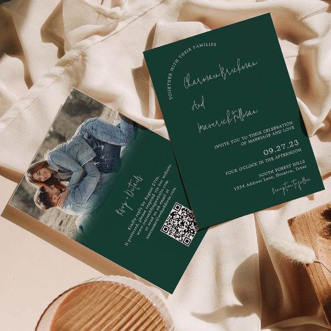 Convites Casamento de código QR de RSVP Verde de Esmeralda  (Criador carregado)