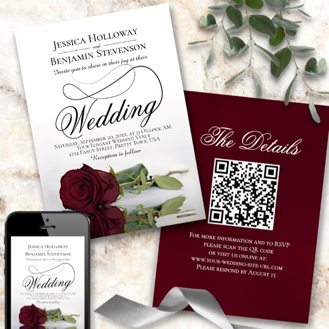 Convites Casamento de Código QR de Script de Rico Burgundy  (Criador carregado)
