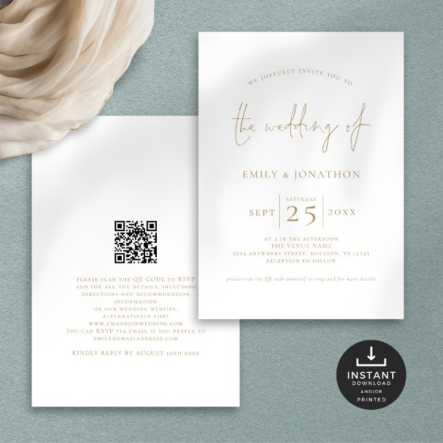 Convites Casamento de Código QR de Script Dourado Elegante (Front and back view)