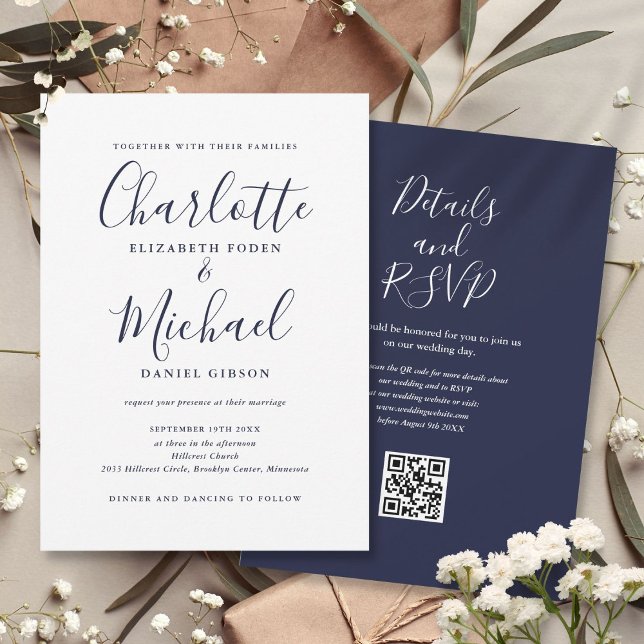 Convites Casamento de Código QR de Script Elegante Azul-mar (Navy Blue Elegant Script QR Code Wedding Invitation)