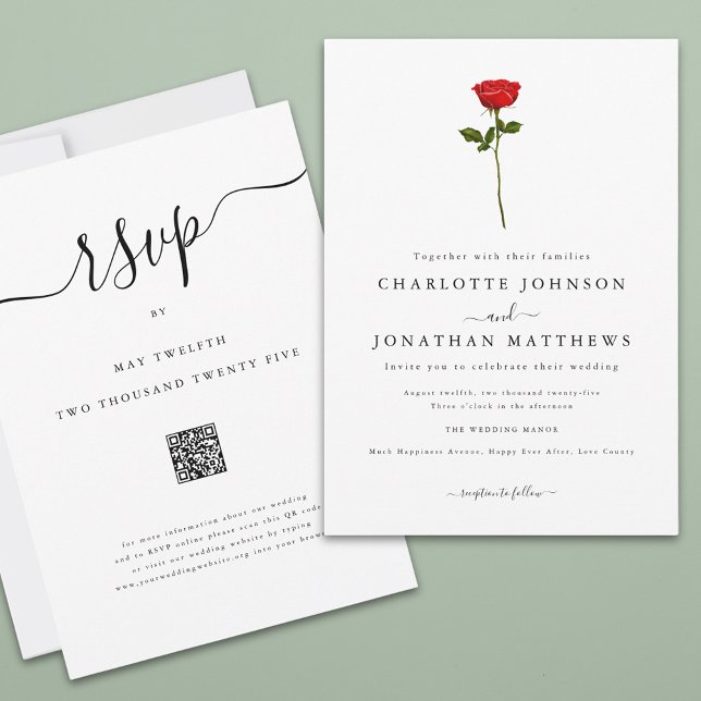 Convites Casamento de Código QR de Script Elegante de Rosa  (Single red rose elegant script wedding qr code invitation Watercolor floral minimalist stylish chic)