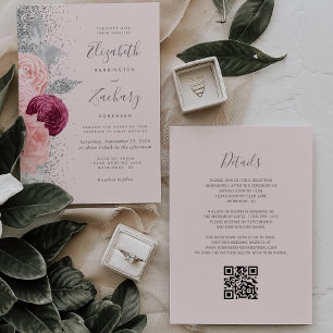 Convites Casamento de Código QR de Silver Cinza Rosa-Rosa F