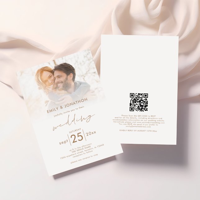 Convites Casamento de Código QR de Sobreposição de Fotograf (Front and back view)