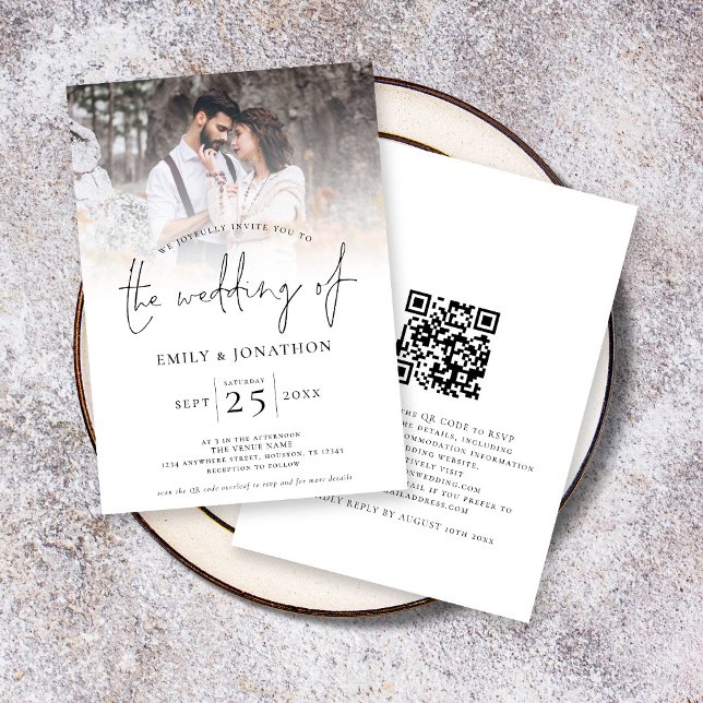 Convites Casamento de Código QR de Sobreposição de Fotograf (Front and back view. Available printed or as a digital download)