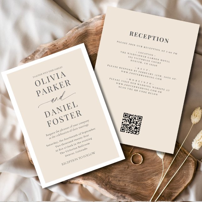 Convites Casamento de Código QR de Todos em Um Beige Neutro (Criador carregado)