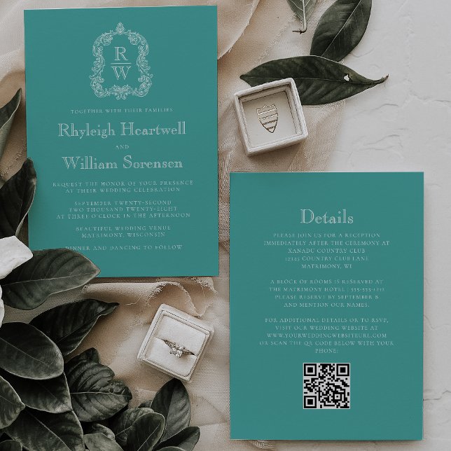 Convites Casamento de Código QR de Turquoise de Crest Monog (Criador carregado)