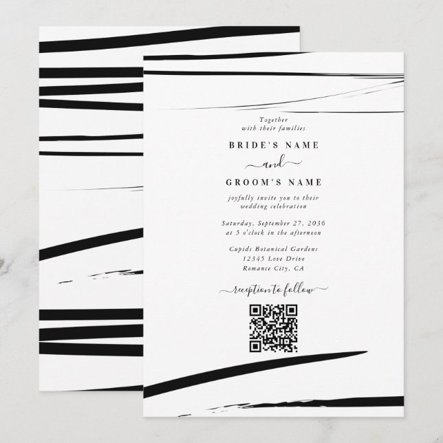 Convites Casamento de Código QR do Abstrato de Branco Negro (Frente/Verso)