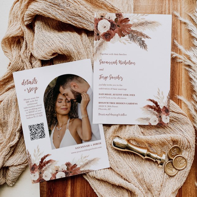 Convites Casamento de Código QR do Arch de Grass Boho Pampa (Criador carregado)