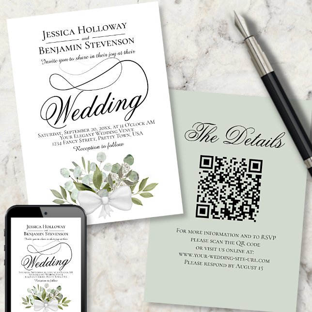 Convites Casamento de Código QR do Buquê Eucalyptus Elegant (Front, Back & Digital Download)