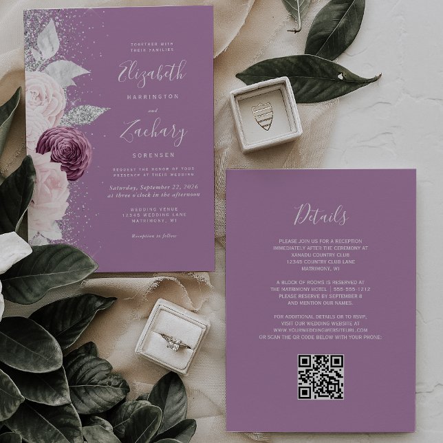 Convites Casamento de Código QR do Floral Mauve Blush Silve (Criador carregado)