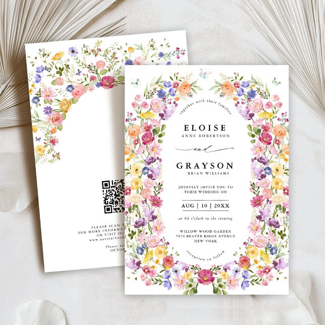 Convites Casamento de Código QR do Jardim de Primavera Wild (Colorful Spring Wildflower Meadow Garden QR Code Wedding Invitation)