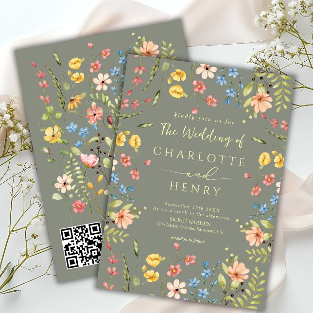 Convites Casamento de Código QR do Jardim Moderno de Flores (Criador carregado)
