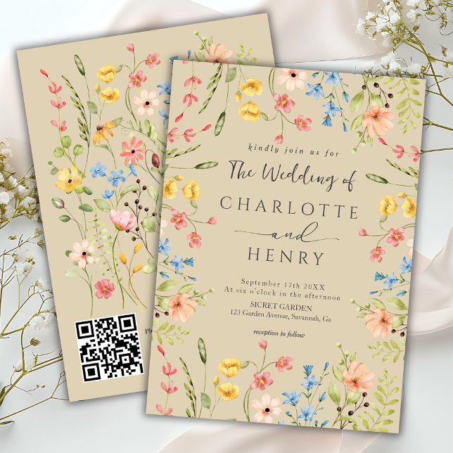 Convites Casamento de Código QR do Jardim Moderno de Flores (Criador carregado)