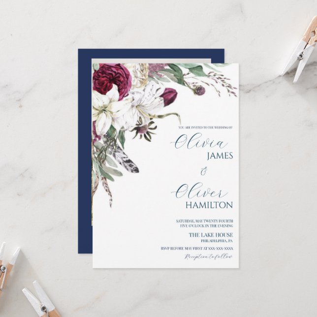 Convites Casamento de código QR do marinho burgundy persona (Frente/Verso In Situ)