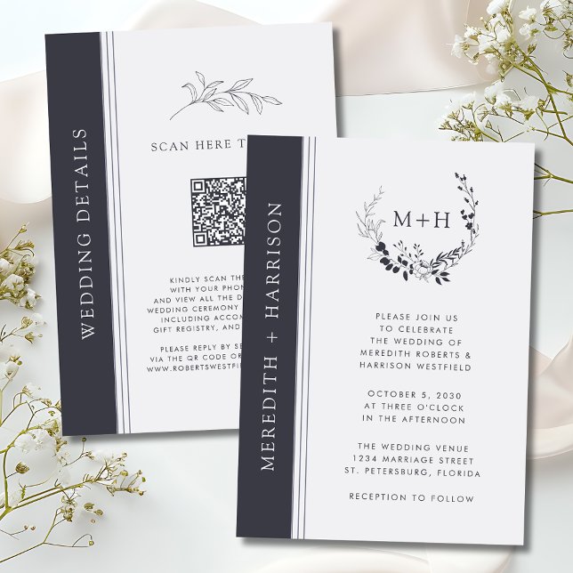 Convites Casamento de Código QR do Monograma Branco e Preto (Monogram Black and White QR Code RSVP Inked Botanical Wedding Invitation)