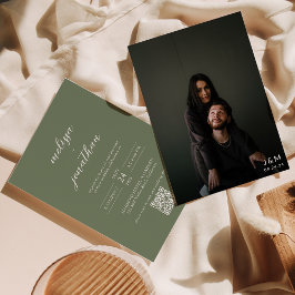 Convites Casamento de Código QR do Monograma de Foto Verde 
