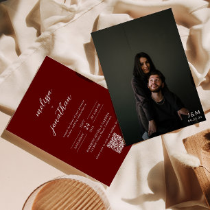 Convites Casamento de Código QR do Monograma de Foto Vermel