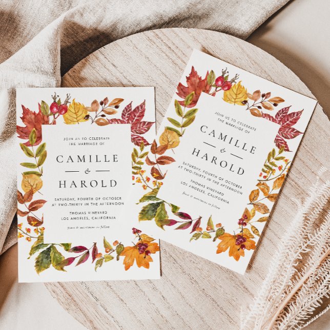 Convites Casamento de Código QR do Quadro do Autumn de Wate (Customizable Autumn QR Code Wedding Invitation with Watercolor Fall Foliage Frame)
