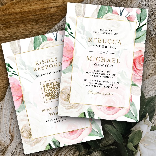 Convites Casamento de Código QR do Quadro Floral Dourado Co (Criador carregado)